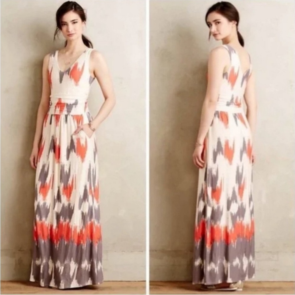 Maeve Cream Maxi Dress with Coral and Gray Ikat Print size medium